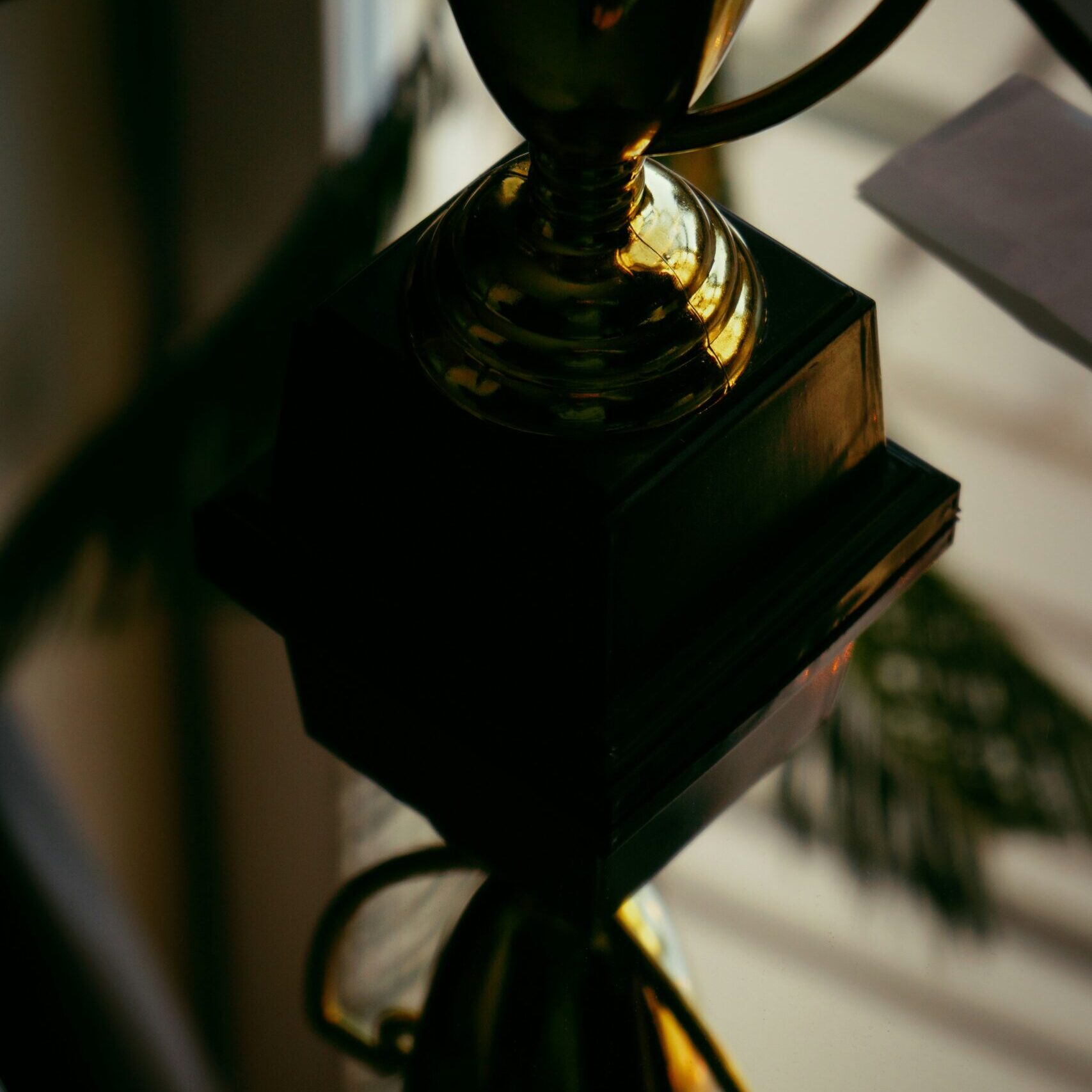 Trophy sitting on table.